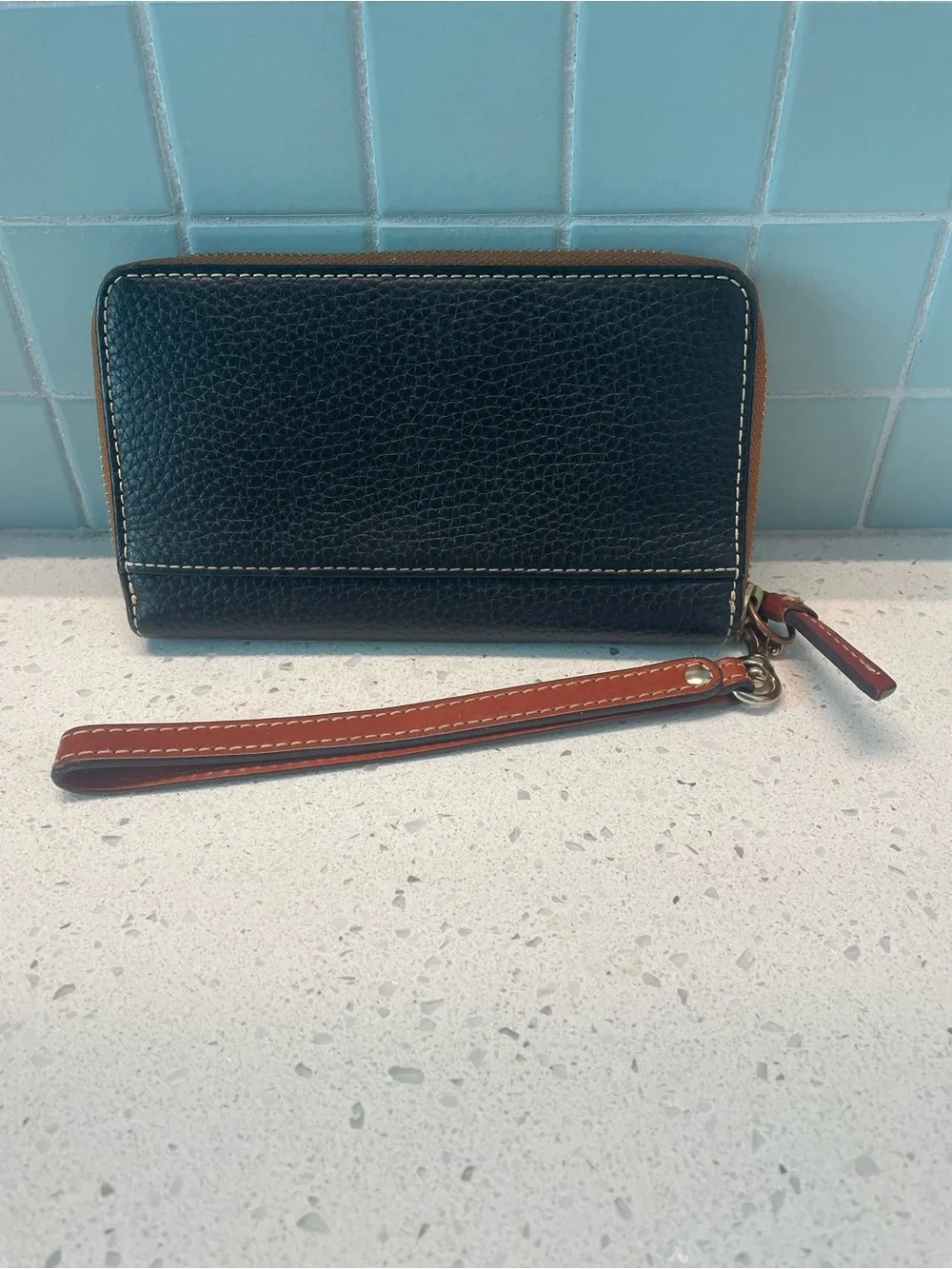 Dooney & Bourke Pebble Grain Large zip around wristlet with caramel trim